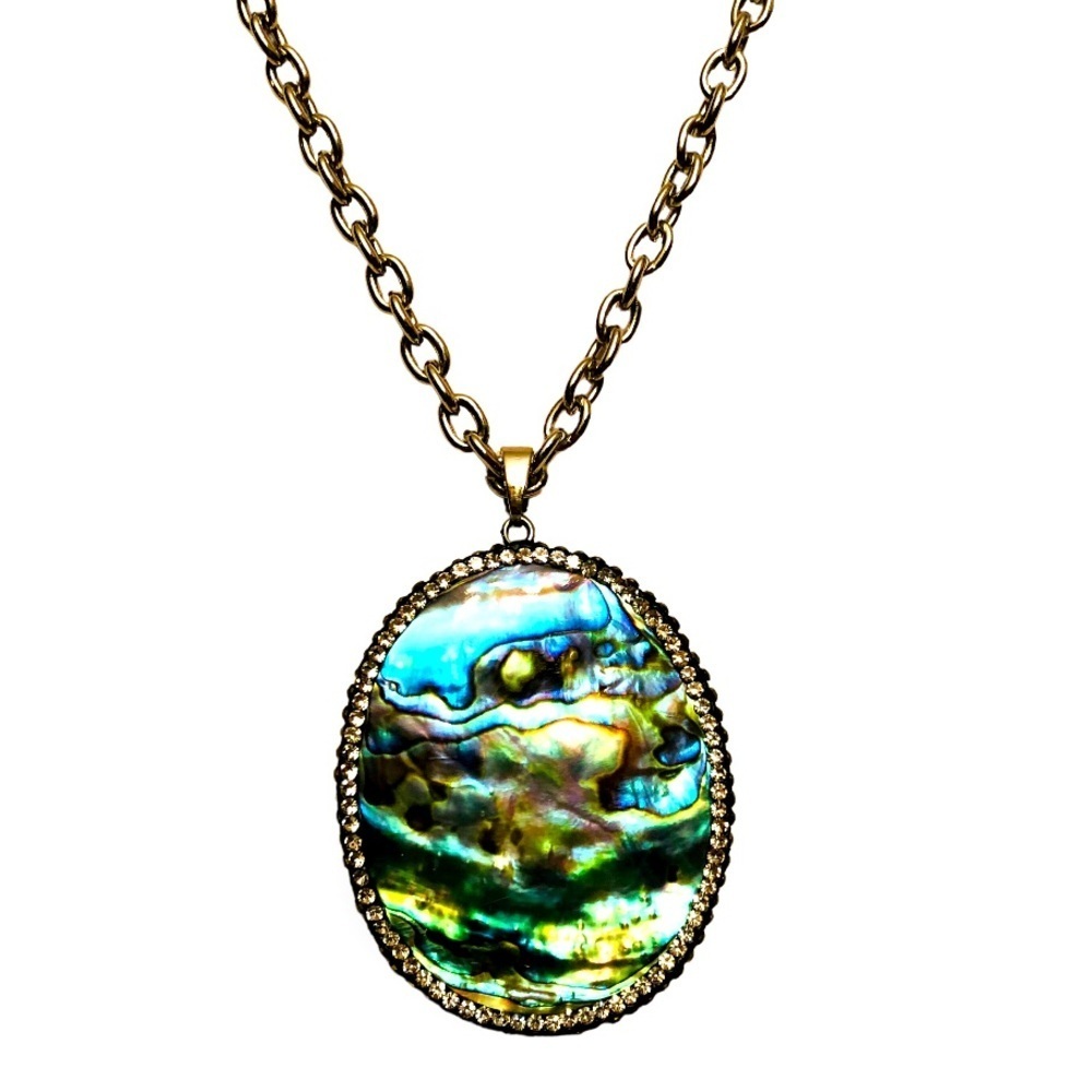 GENUINE ABALONE PAUA SHELL REVERSIBLE PENDANT SILVERTONE 28 INCH CHAIN